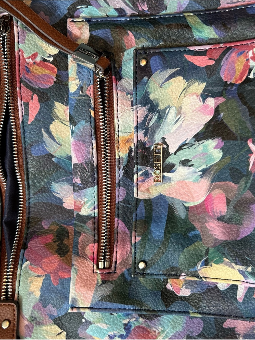 Rosetti Navy Floral Print Tote with Brown Trim